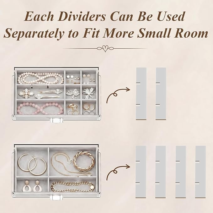 Clear Jewelry Organizer Earring Holder Organizer, Jewelry Box with 6 Drawers Clear Acrylic Stackable Earring Case with Adjustable Velvet Trays for Women and Girls, Grey