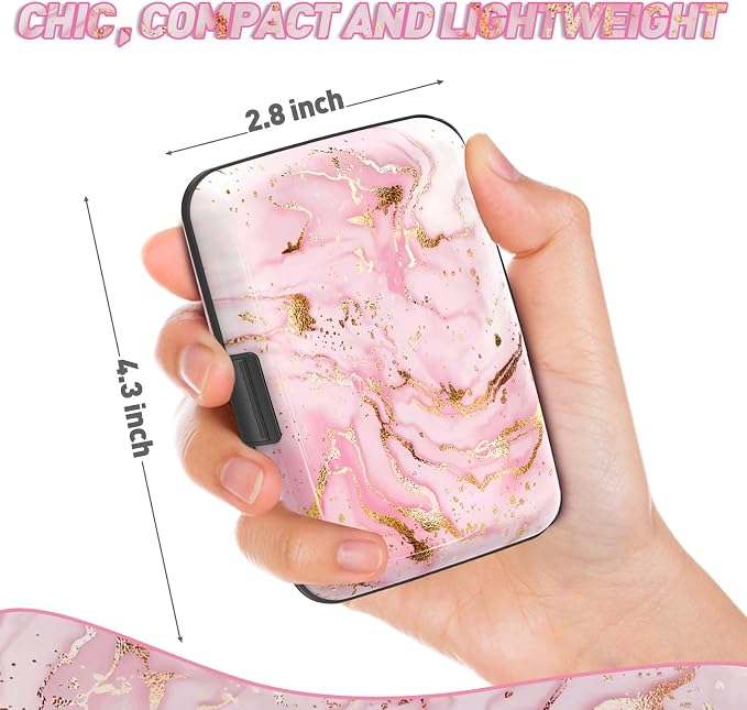 ToLuLu Credit Card Holder, Pink Marble Mini RFID Small Aluminum Card Wallet | Blocking Slim Metal Business Card Case, RFID Blocking Front Pocket Wallet Hard Case Durable CC Holder for Women Girl