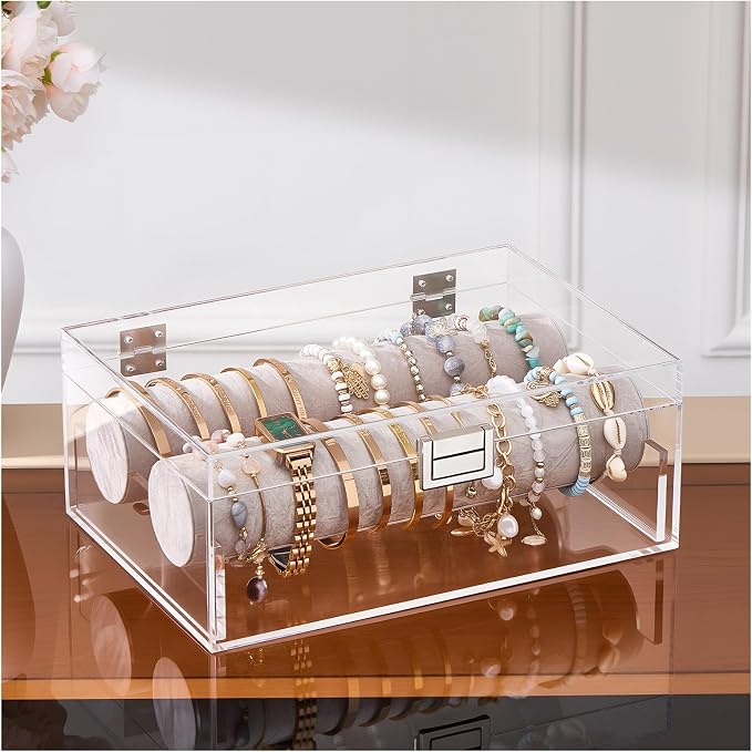 Lolalet Acrylic Bracelet Organizer Box -No Drawer | Clear Jewelry Display Holder for Bracelets, Bangles & Watches, Great Gift for Women on Birthdays， Valentine's Day