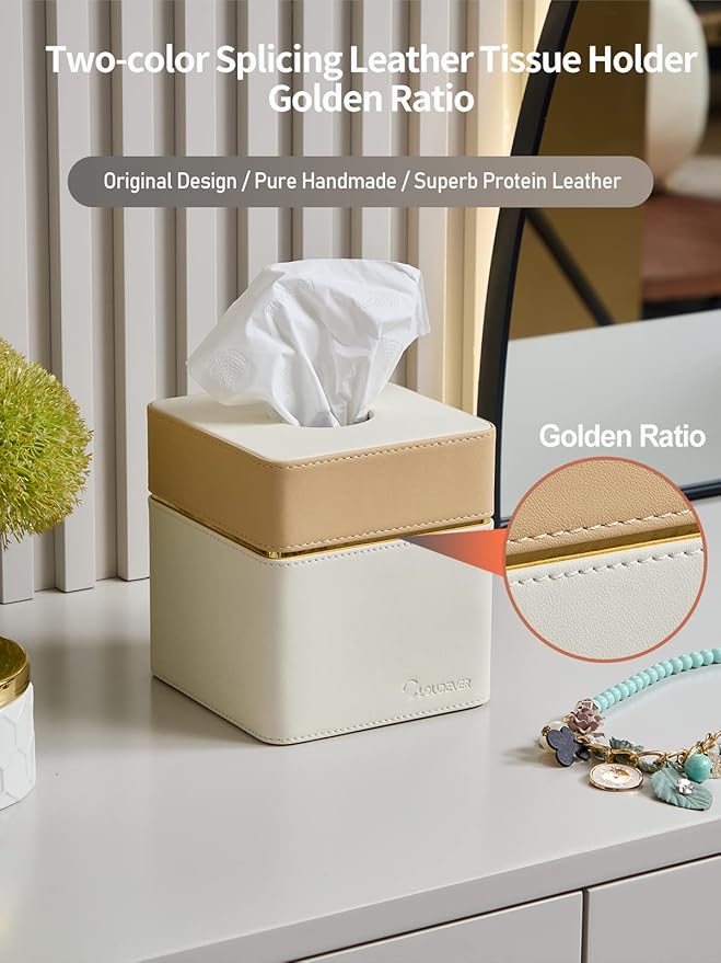 Tissue Box Holder Cover Square, Modern PU Leather Decorative Tissue Cube Holder Organizer-Apricot Cream