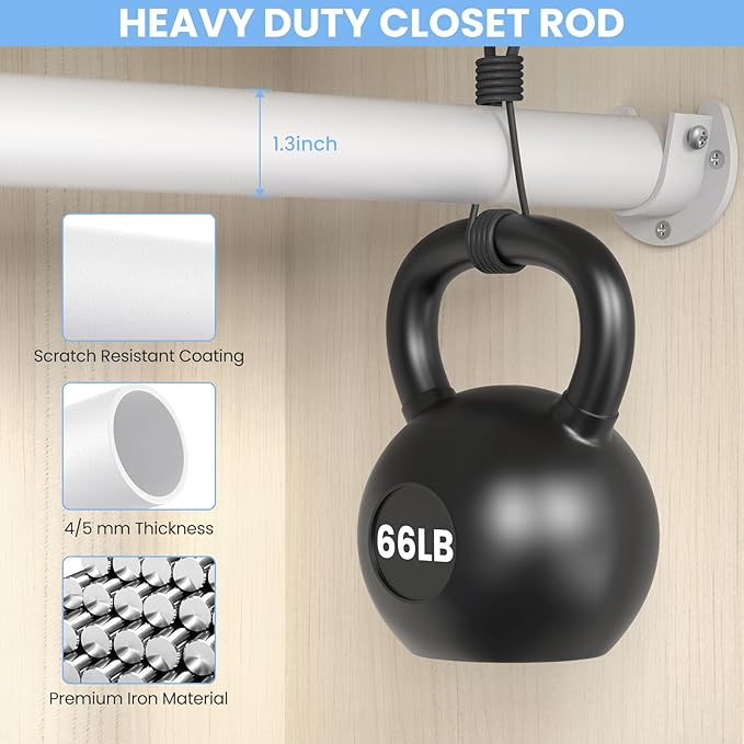 2 Pack Closet Rods for Hanging Clothes, 17 to 84 Inch Heavy Duty Stepless Adjustable Closet Hanging Rod, 1.3 Inch Diameter Metal Closet Rod for Wardrobes Laundry Bedroom RV, White