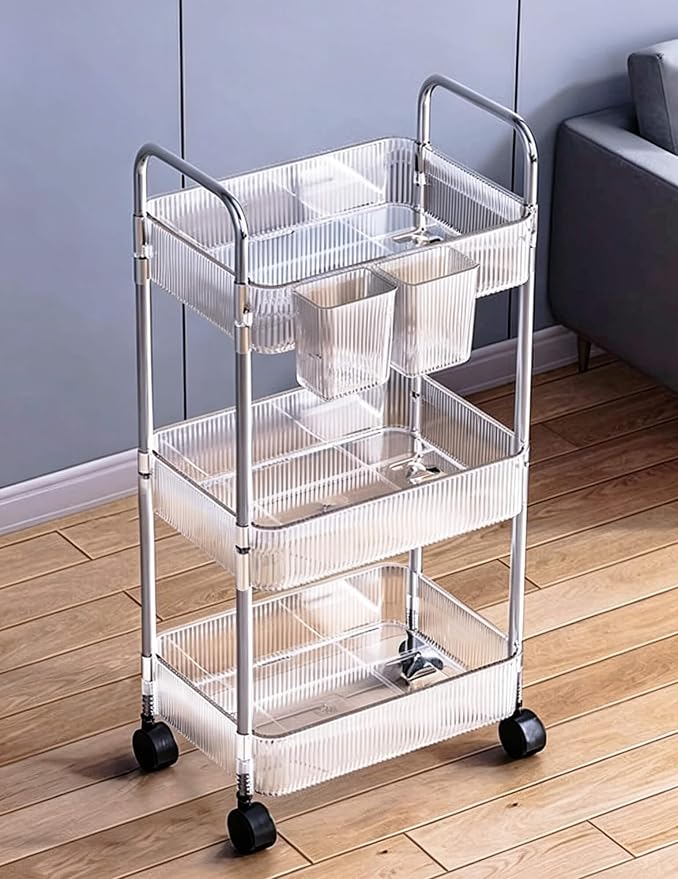 3-Tier Clear Utility Rolling Cart with Wheels for Kitchen & Bathroom | Lightweight-usage, Easy assembly, Multifunctional storage organizer, Clear, 8.2”W * 13”L * 25.8”H