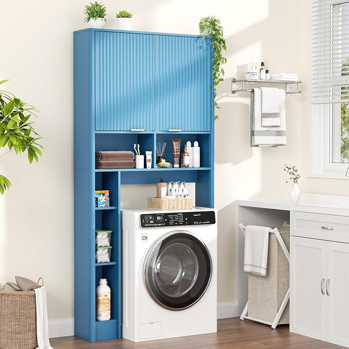 AKMAKM 31" W Over the Toilet Storage Cabinet with Fluted Door, Blue Bathroom Organizer with Adjustable Shelf, Toilet Paper Holder Stand Wave Door for Restroom, Laundry Room