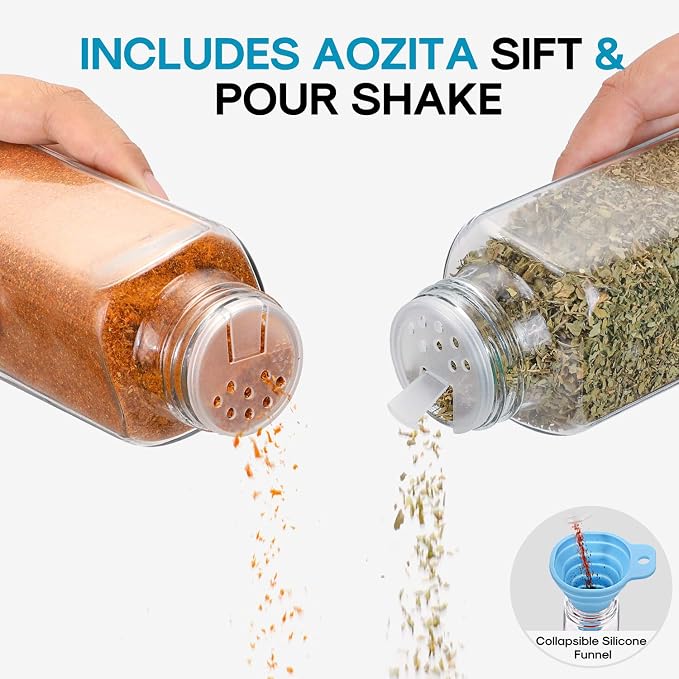 AOZITA 14 Pcs Glass Spice Jars with Spice Labels - 8oz Empty Square Spice Bottles - Shaker Lids and Airtight Metal Caps - Chalk Marker and Silicone Collapsible Funnel Included