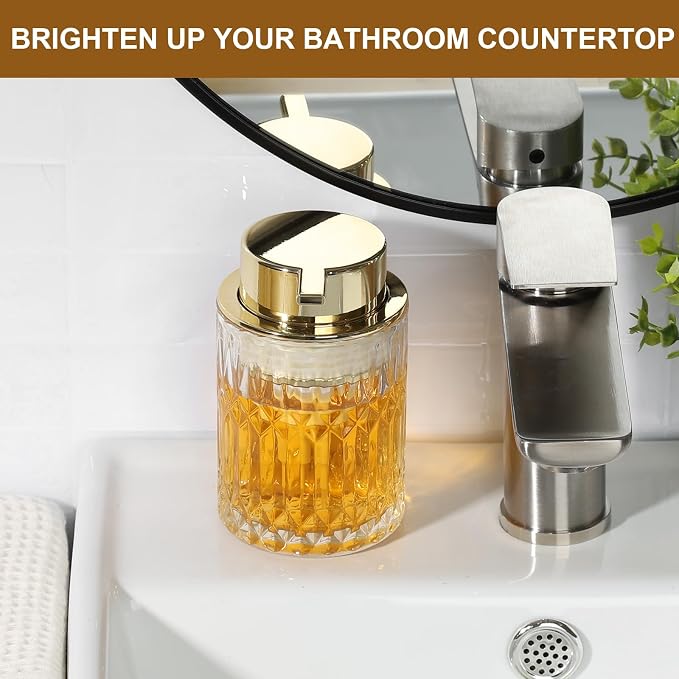 RYTOXILO Foaming Soap Dispenser, Gold Glass Foam Hand Soap Dispenser for Bathroom, Refillable 7.8 Fl Oz Foamy Pump Bottle with Plastic Golden Pump, Modern Dish Soap Foam Dispenser Container