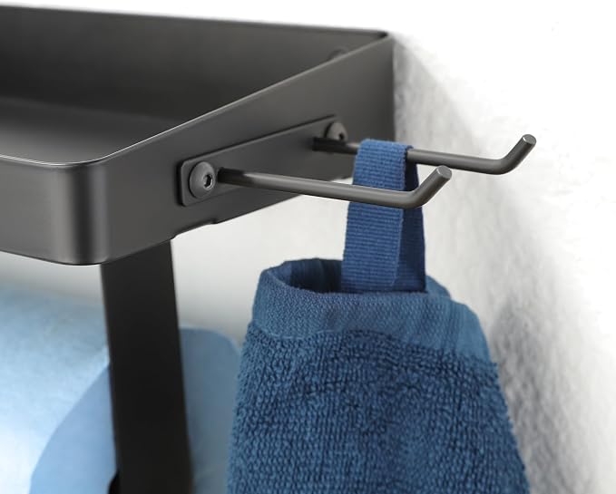 ZUNTO Wall Mounted Paper Towel Holder with Shelf for Garage, Drilling | Heavy Duty, Garage Organization and Storage with Side Hinging Hooks, Screw-in, Black Stainless Steel, Also Ideal for Kitchen