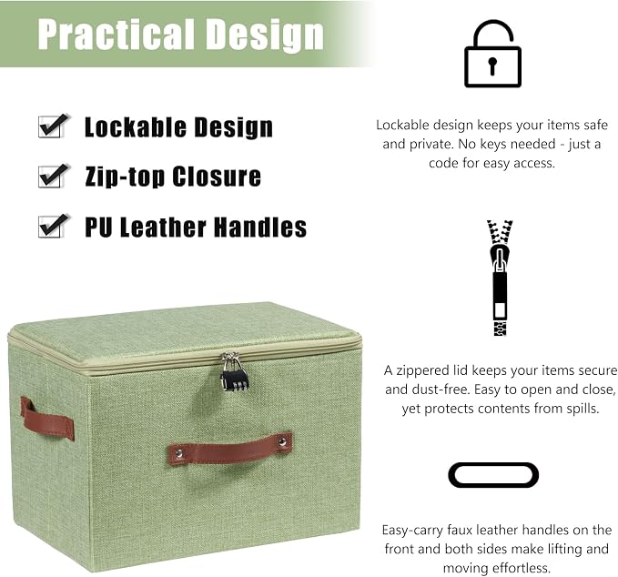 Storage Bins Boxes with Zipper Lid Combination Lock PU Leather Handles Cotton Linen Fabric Lidded Lockable Baskets Foldable Washable Closet Shelf Organizer Container (Light Green, Large)