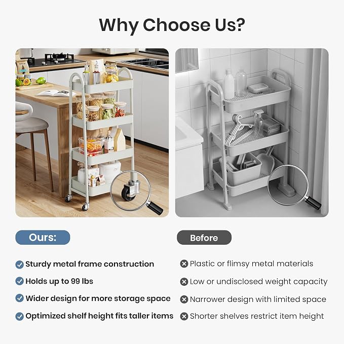 DUMOS 4 Tiers Rolling Utility Cart, Storage Organizer, Shelving Unit | Metal, Lockable Wheels, Mobile, Kitchen, Bathroom, Laundry, Narrow Places, White