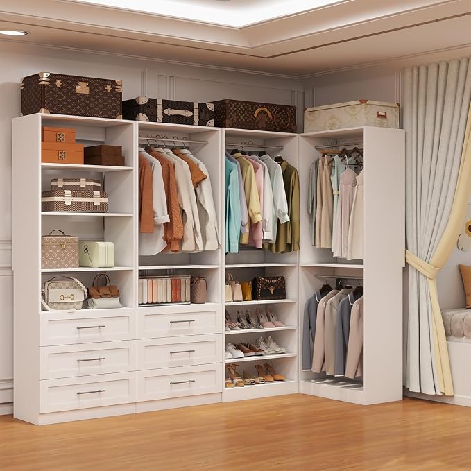 Closet System with 4 Sets, 8-21FT Closet Organizer Systems with 6 Drawers & 8 Hanging Rods & Adjustable Shelves, Walk in Closet Freestanding Closet System Modular Closet System Set White