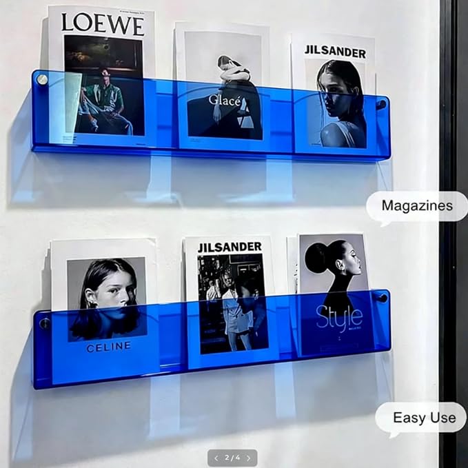 ROYALITA 2-Pack Acrylic Magazine Holder Brochure Holder, Blue 36 Inch | Record Magazine Rack, Fashion Floating Bookshelf, Literature Storage Rack for Waiting Room, Living Room, Office