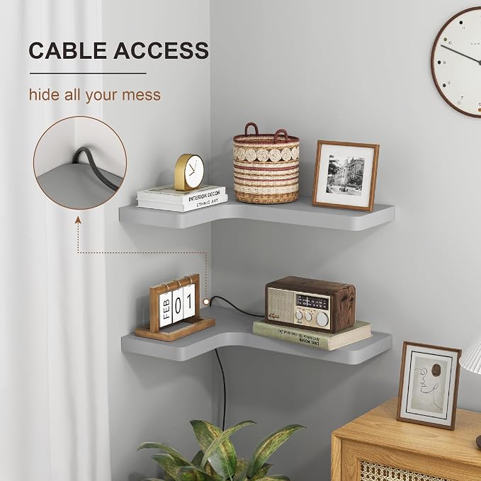 fuqing Corner Floating Shelves, Wall Shelf Set of 3, Shelves for Wall Storage, Solid Wood Shelves for Storage, Wall Mount Wooden Display Shelf for Bathroom Bedroom Kitchen Garage, Dark Grey