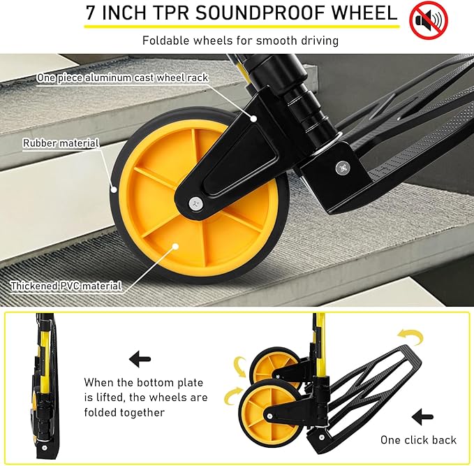 Folding Hand Truck and Dolly, 440lbs Capacity Portable Luggage Dolly Cart with Rubber Wheels and Retractable Handle, Aluminum Foldable Hand Cart for Transportation/Luggage/Mobile/Travel/Office Use