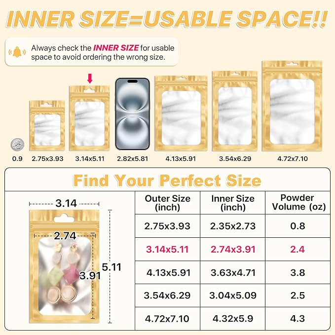 ANZNKU 100 PCS Resealable Mylar Bags with Frosted Clear Window Packaging Bags Foil Pouch Zipper Bag for Food Self Sealing Storage Supplies (3.14x5.11, Light Gold)