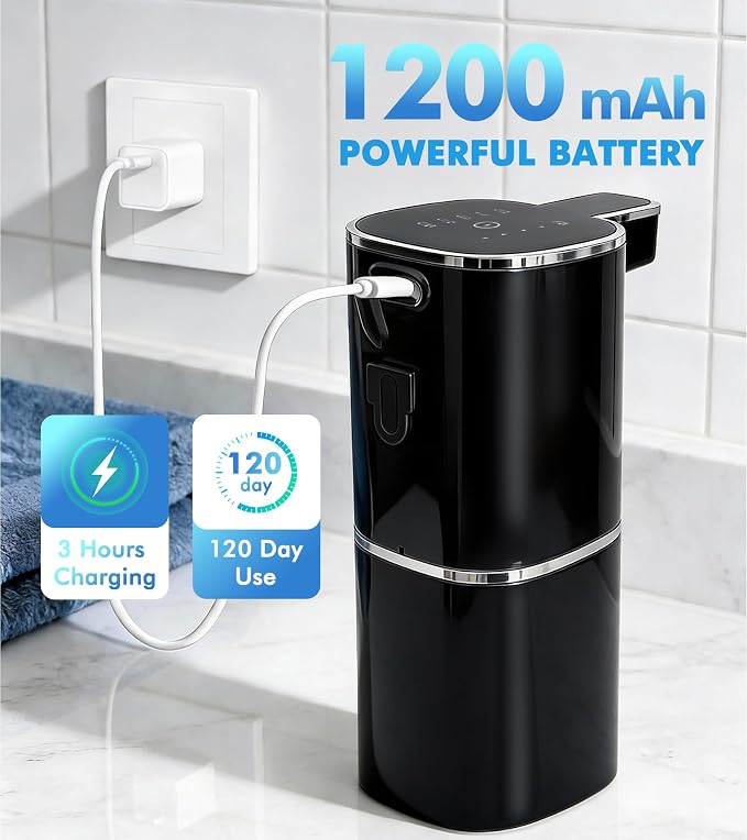 RYTOXILO Automatic Soap Dispenser Touchless, 2 Pack Black Auto Soap Dispensers for Bathroom and Kitchen, 15 Fl Oz Plastic Electric Dish Liquid Dispensers Wall Mount with 1200 mAh Battery