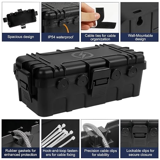Medium Outdoor Electrical Box (11.6x5.2x4.1 inch), IP54 Waterproof Extension Cord Cover w/ 6 Cable Entry, Weatherproof Connection Box for Power Strip, Plug, Timer, Holiday Lights, Black