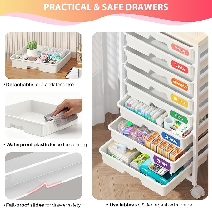Goovilla Rolling Cart with Drawers, Utility Cart Organizer With 8 Removable Drawers and Wooden Tabletop, Lockable Rolling Storage Organizer for Art, Classroom, Home, Dorm, Office, Craft Storage, White