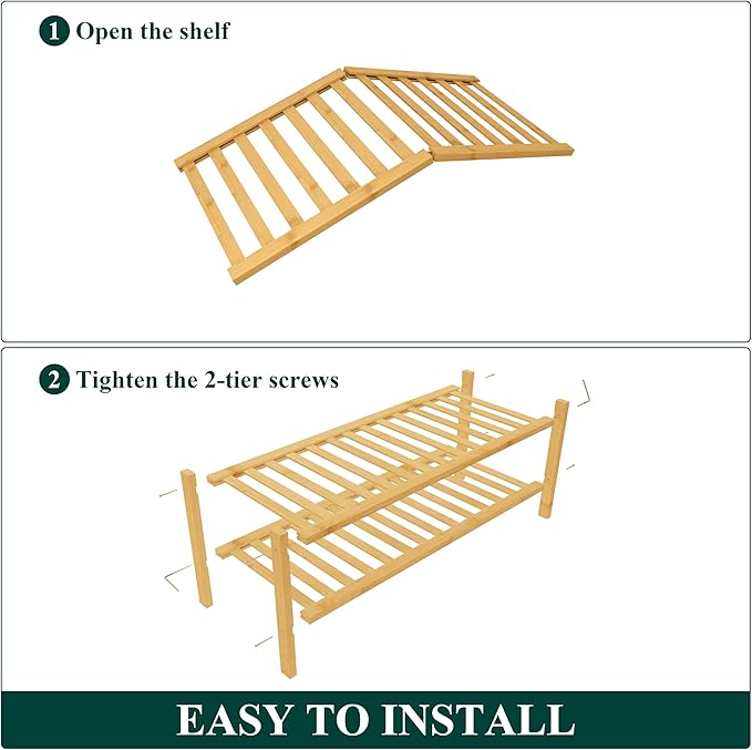 Smiry Bamboo Shoe Rack for Closet, 2 Tier Wooden Shoe Organizer, Stackable Wood Shoe Storage Shelf for Entryway, 14 Vertical Slats, One-piece Heavy-Duty Legs, 26.77"x11.02"x12.99", Natural