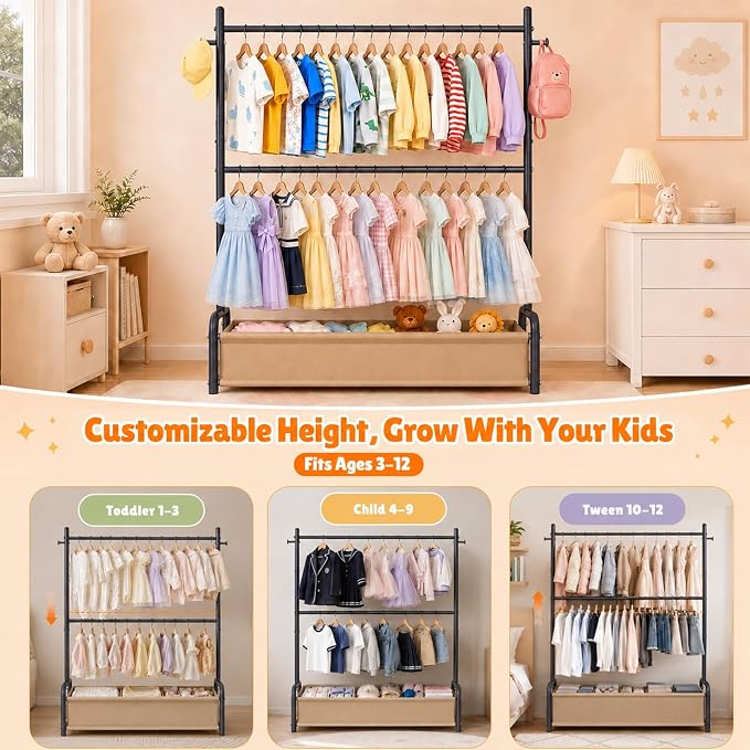 Kids Clothing Rack with Double Rod, Storage Basket & Hooks, Height Adjustable Kids Clothes Rack, Portable Baby Dress Up Garment Rack for Princess Dresses, Black
