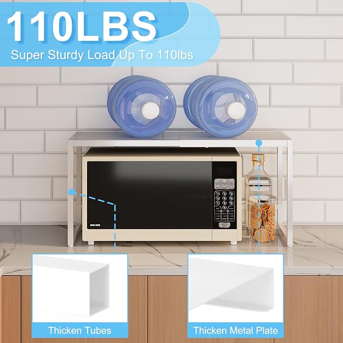 2 Pack Expandable Kitchen Storage Shelves,110LBS Heavy Duty Metal Shelving Unit and Storage for Pot Pans,Adjustable Stackble Small Storage Shelf Organizer for Kitchen Under Cabinet Pantry Garage,White