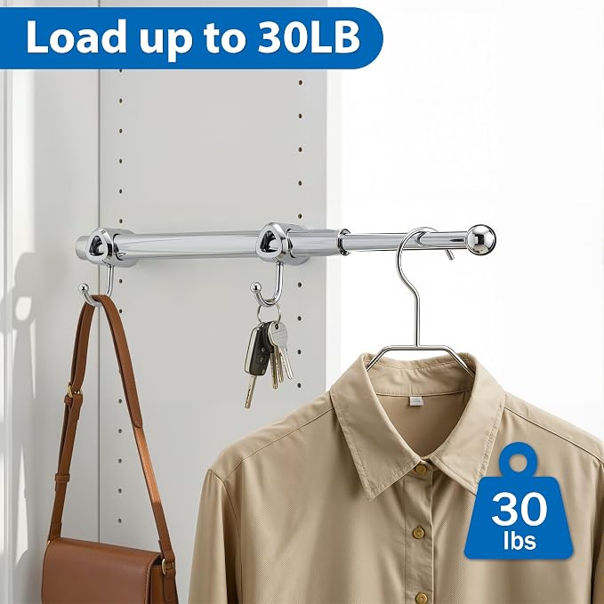 Valet Rod for Closet Pull Out with Hooks, Easy To Install (Chrome, 14 Inch)
