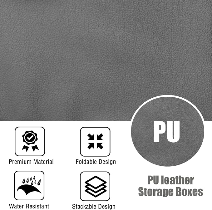 2PCS Storage Bins with Zipper Lid PU leather Storage Boxes Leather Fabric Collapsible Lidded Baskets Cube with Handle Decorative Shelves Closet Organizer Container(Dark Gray, Large Size)