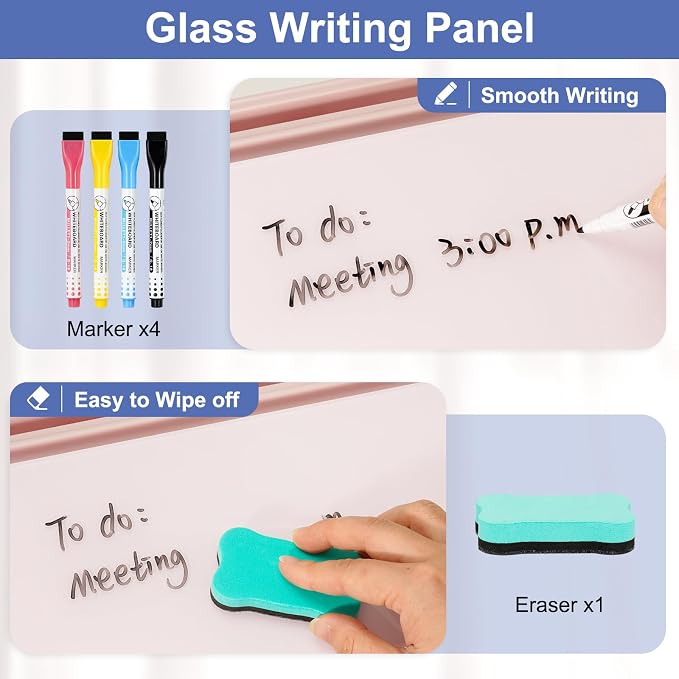 DOLLAR BOSS 12''x7'' Glass Desktop Whiteboard Small Dry Erase Board with Storage Drawer Computer Keyboard Stand Desk Organizer Office Accessories School Supplies with 4 Markers, Pink