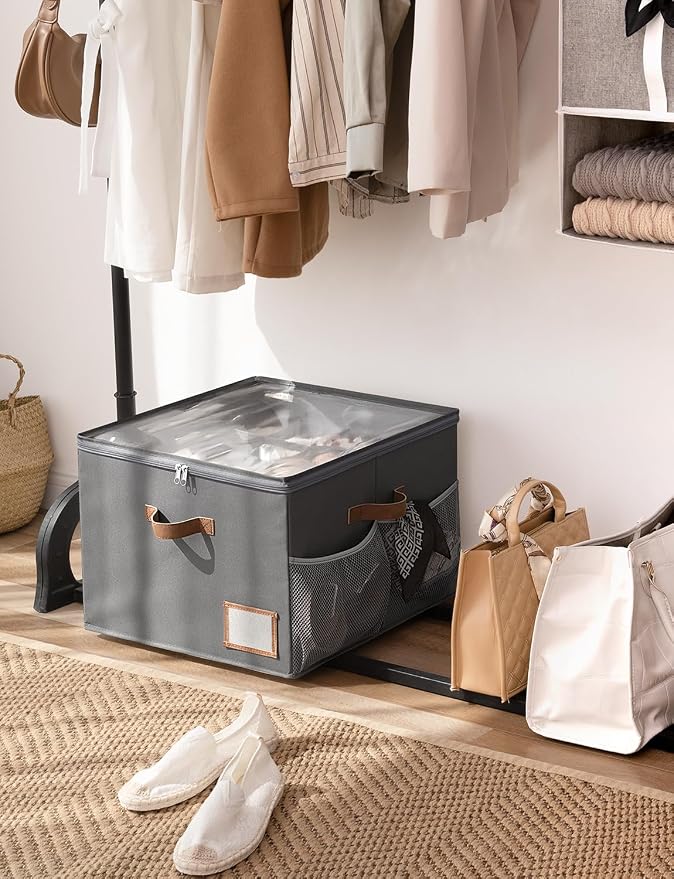StorageWorks Fabric Shoe Storage Organizer for Closet, Up to 16 Pairs, Gray | Fixed Compartments, Clear Lid & Label Window, Side Mesh Pocket for Accessories, Soft Handles, Fits Flats, Sandals & Low-Tops