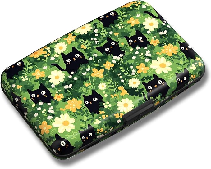 Maicican Credit Card Holder, Mini RFID Blocking Aluminum Wallet | Slim Metal Hard Case Travel Wallet ID Case for Women and Men, 4.3 x 2.9 Inches, Cats and Flowers