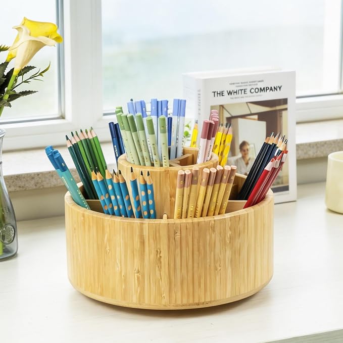 Utoplike Large Bamboo Rotating Pencil Holder, 360° Colored Pen Organizer | Spinning Art Supply Desk Caddy with Raised Center, 11-Compartment Desktop Storage for Pens, Markers and Office Supplies