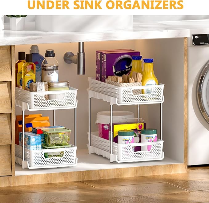 DABIGE 2 Pack Pull Out Bathroom Organizers and Storage, 2 Tier Stackable Under Sink Storage Organizer for Bathroom, Kitchen Cabinet, Pantry, and Medicine Holder, Organization and Storage - White