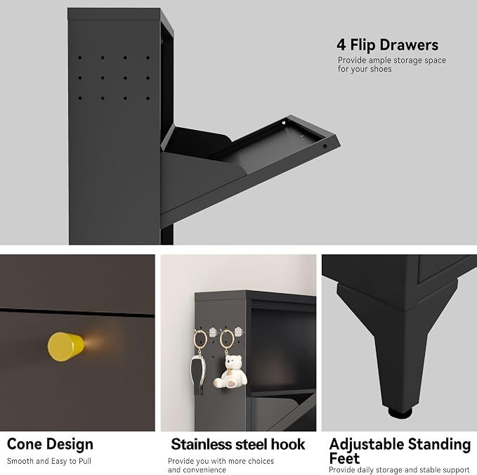 Shoe Cabinet with 4 Flip Drawers-Metal Narrow Shoe Rack for Entryway,Hallway,Living Room-Hidden Metal Shoe Cabinet-Freestanding Shoe (4 Door Width 27.56, Black)