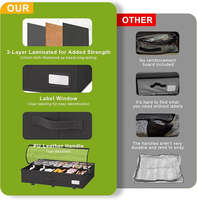 homyfort Under Bed Shoe Storage with Wheels, Fits 24 Pairs, Rolling Shoe Organizer with Bottom Support & Clear Lids, Sturdy Under Bed Storage Box for Shoes, Set of 2, Black