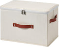 Storage Bin Box with Zippered Lid Cotton Linen Fabric Decorative Basket with PU Leather Handles PP Plastic Board Foldable Lidded Clothing Shelf Closet Organizer Container (Beige, Large)