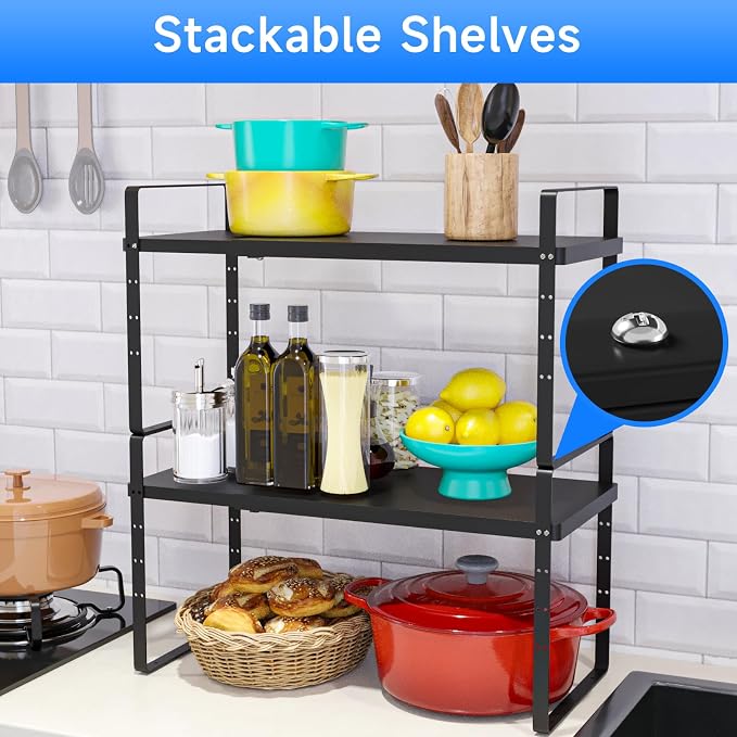 Expandable Cabinet Shelf Organizer, Stackable Kitchen Pantry Counter Storage, Adjustable Closet Cupboard Stand Rack Risers Spice Organization, 80LBS Heavy Duty, Black 3 Pack
