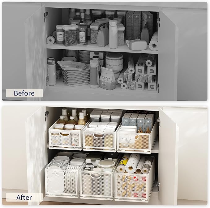 Pull Out Cabinet Organizer, No Drill Adhesive Sliding Drawers for Kitchen, Metal Mesh Wire Storage Shelf for Pantry & Under Sink, White (9.6" W x 15.7" D x 8.4" H)