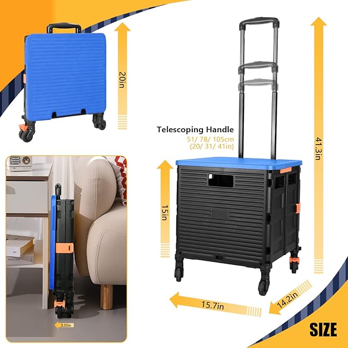 SELORSS Foldable Utility Cart Collapsible Crate Rolling Carts Handcart Trolley Tool Box Basket 4 360°Noiseless Wheels Lid Telescoping Handle for Shop Grocery Luggage Move Office School Teacher (Blue)