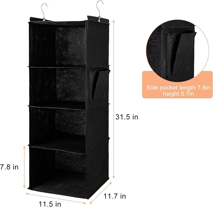 BOOMIBOO Hanging Closet Organizer and Shelves, 4 Shelves with 1 Side Pockets, Foldable, Grey Fabric, Modern Style, for Bedroom and Dorm Room (Black)