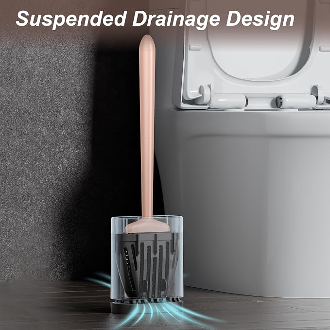 Sellemer Silicone Toilet Brush, Ventilation Slots Holder 1 Pack, Rose Gold | Flexible Bristles Flat Head for Rim, Hair Tangle-Free, Easy to Clean, Compact Design, Rustproof Handle, for Toilet/Sink/Tub