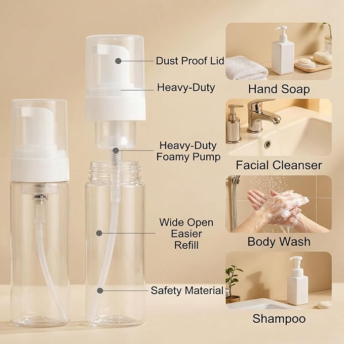 Foam Pump Bottle 3.5oz/ 100ml, 2Pcs Foaming Soap Dispenser for Travel Clear Refillable Foaming Spray Bottle for Bathroom, Hand Soap, Shampoo, Face Wash, Leak-Proof Foam Dispenser