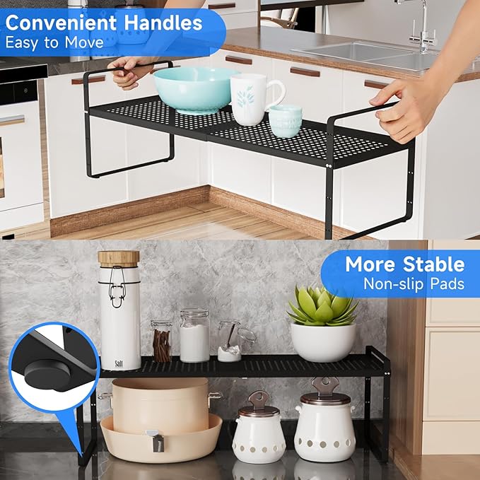 Expandable Cabinet Shelf Organizers, Kitchen Small Stand Rack Organization for Countertop Cupborad Pantry Desktop Spice Rack, Black 1 Pack