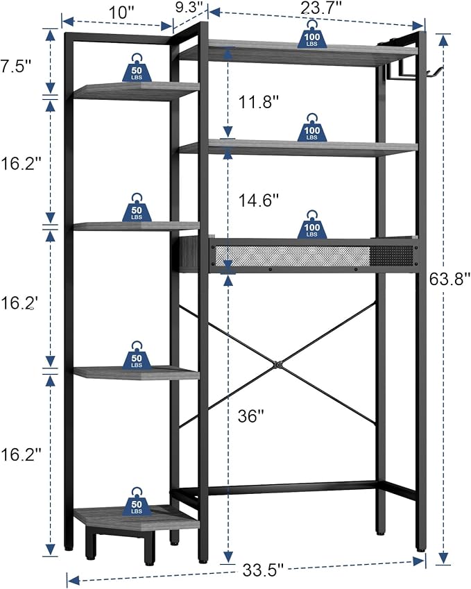 K1 Heavy Duty 7-Tier Over The Toilet Storage（with Basket and Paper Hook） Freestanding Above Toilet Shelf with Adjustable Feet，Space Saver Bathroom Shelves 9.3" D x 33.5" W x 63.8" H，Grey