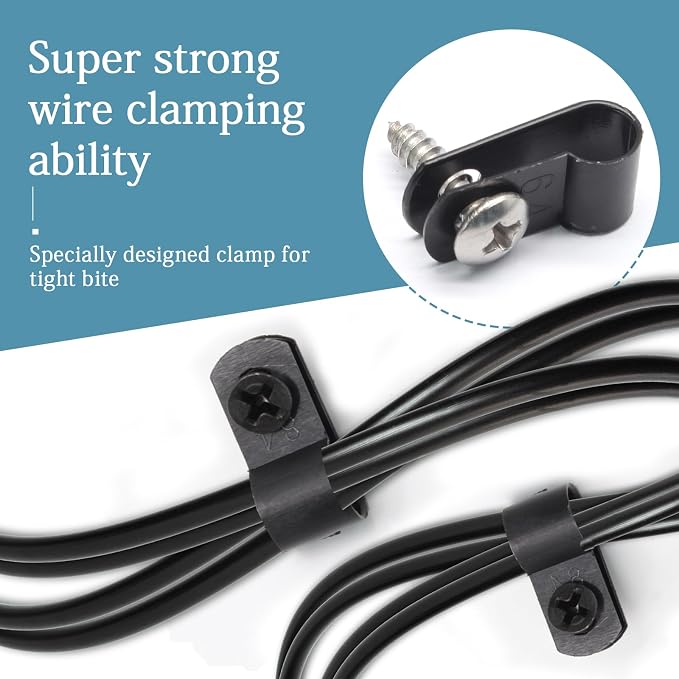 100 Pcs 1/4 Inch Black Nylon Screw Mounting R-type Cable Clip | 6.4mm, Wire Management, Stainless Steel Screws Included