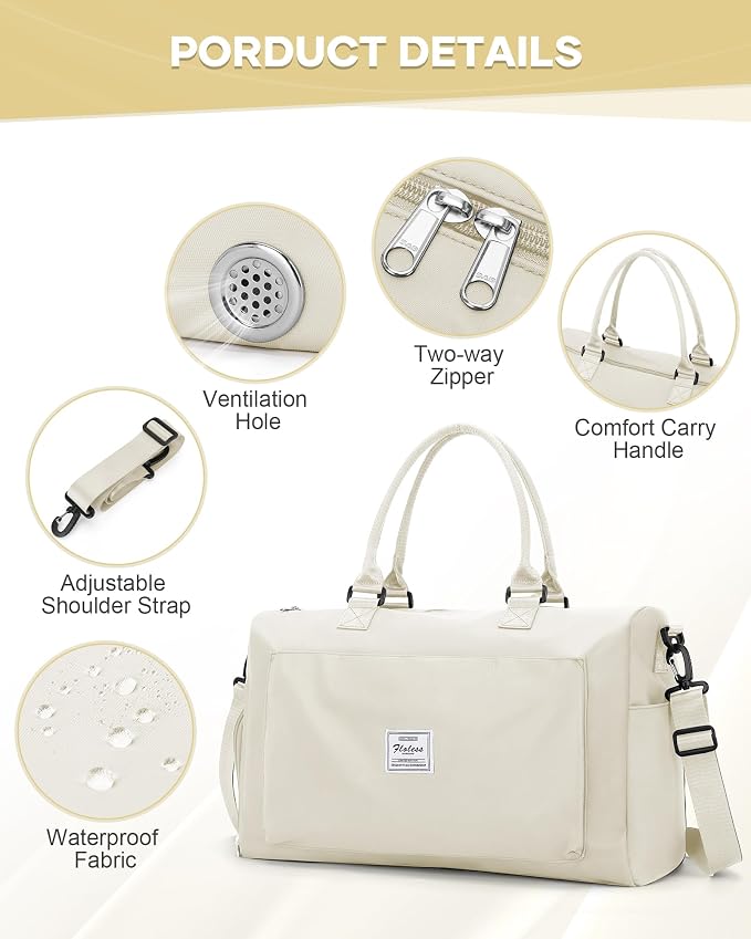 Gym Bag for Women Men Duffle Bags for Travel with Shoe Compartment Shoulder Weekender Overnight Carry on Tote Bags for Airplane Beach Bag Workout Yoga Sport Swimming Cream White