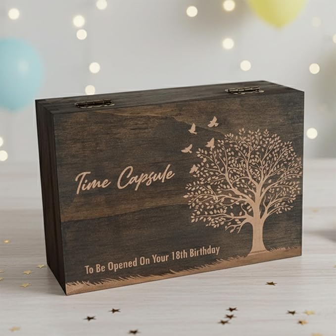 Engraved Time Capsule Memory Box – Wooden Keepsake Box for Graduation, New Year, or Life Events – Medium Size – Dark Walnut – 8.5 x 6 x 3 in