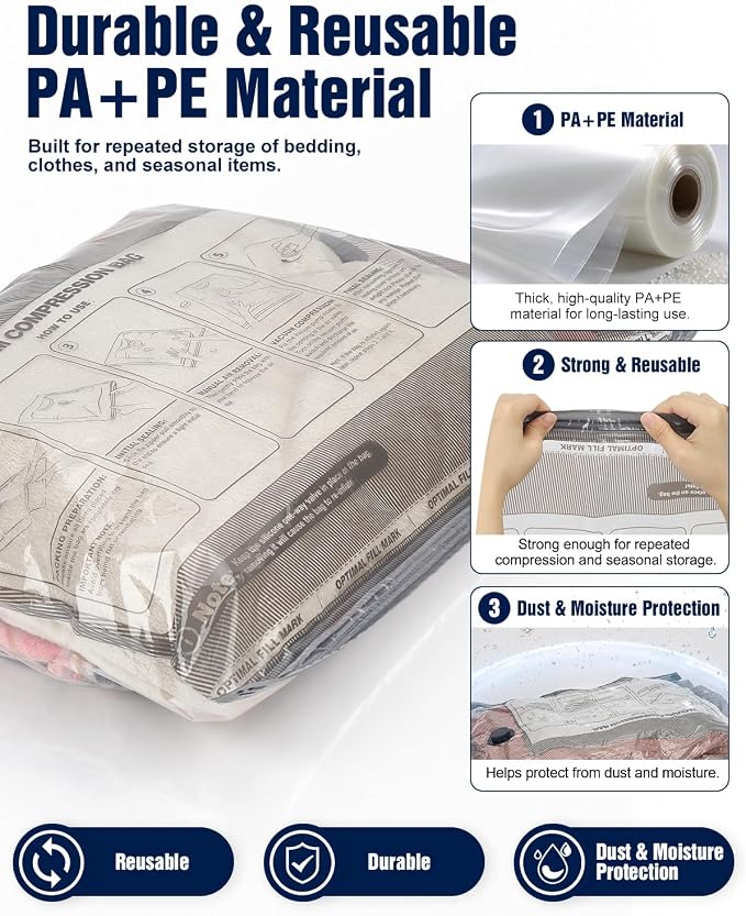 Fantictas Vacuum Storage Bags with Hand Pump, 10 Medium Space Saver Bags for Clothes, Bedding and Travel, Reusable Compression Bags for Closet, Luggage and Moving