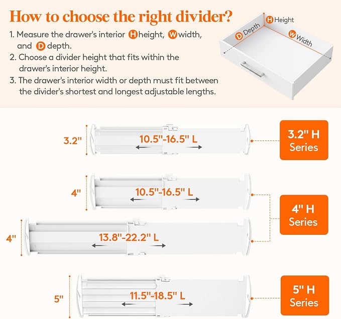 Lifewit 8 Pack 5" High Drawer Dividers for Clothes, 11.5"-18.5" Expandable Dresser Drawer Organizers, Adjustable White Plastic Separators for Kitchen, Cabinet, Nursery, Socks & Underwear Storage