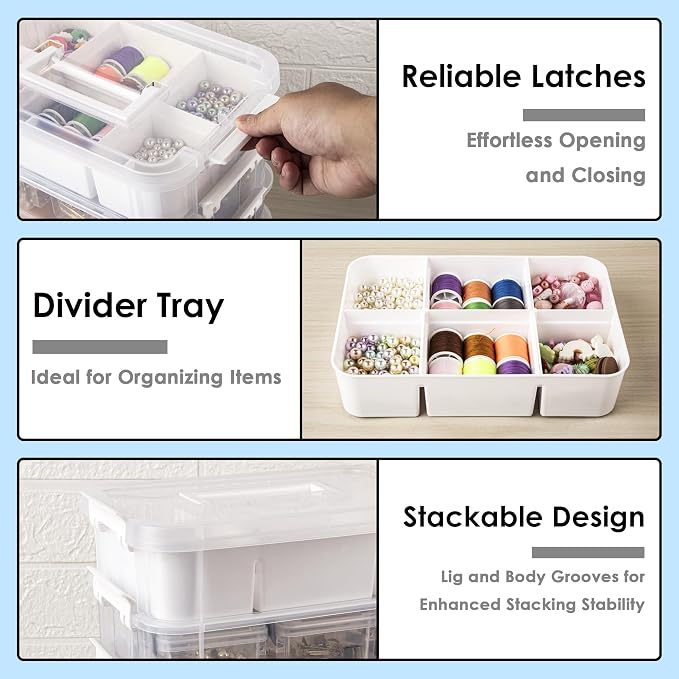 CraftGenes Sewing Storage Organizer, 4-Tier 10 Qt Box with 2 Trays, White | Clear Compartments; Dual Removable Inserts; Carry Handle; Side Latches; Thread, Bobbins, Needles, Beads, Notions