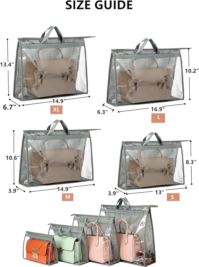 12 Packs Dust Bags for Handbag, Clear Purse Storage Organizer Bag for Closet with Zipper and Handle, 4 Size Hanging Dust Cover Bag for Purse Crafts Protector