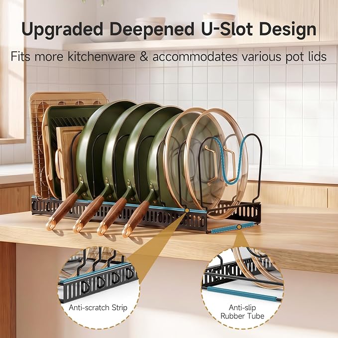 MUDEELA Pot Lids Organizer Rack for Cabinet, Expandable 11.81" to 22.85" Pot and Pan Organizer Holder with 10 Adjustable Dividers, Baking Cookie Sheet Bakeware Cutting Board Kitchen Storage Organizer