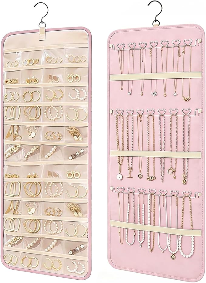 LAKSMI Large Hanging Jewelry Organizer for Closet, Wall or Door, 48 Pockets & 21 Hooks for Earrings, Necklaces and Rings (Pink1)